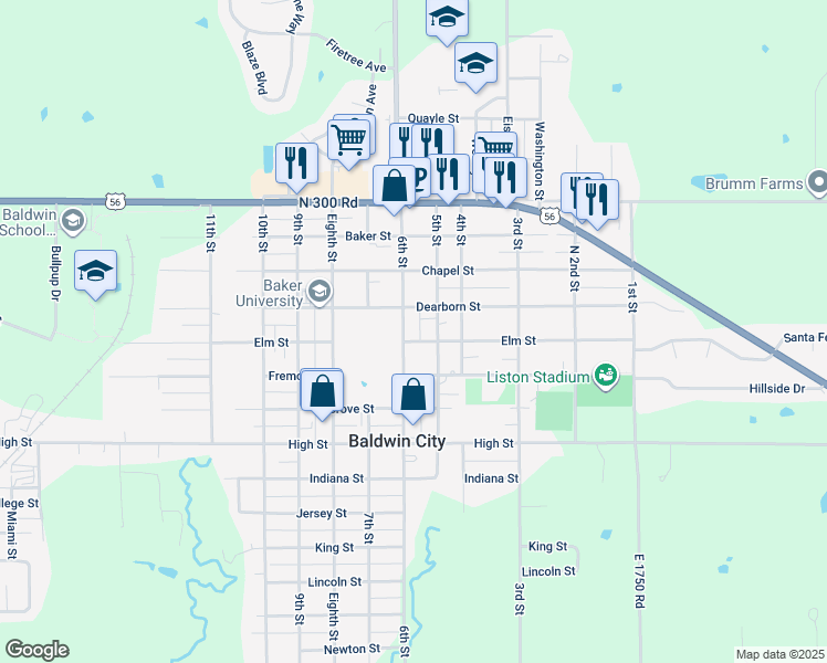 map of restaurants, bars, coffee shops, grocery stores, and more near Elm Street in Baldwin City