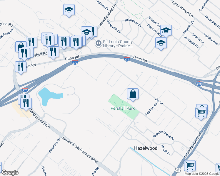 map of restaurants, bars, coffee shops, grocery stores, and more near 50 Dawn Ridge Drive in Hazelwood