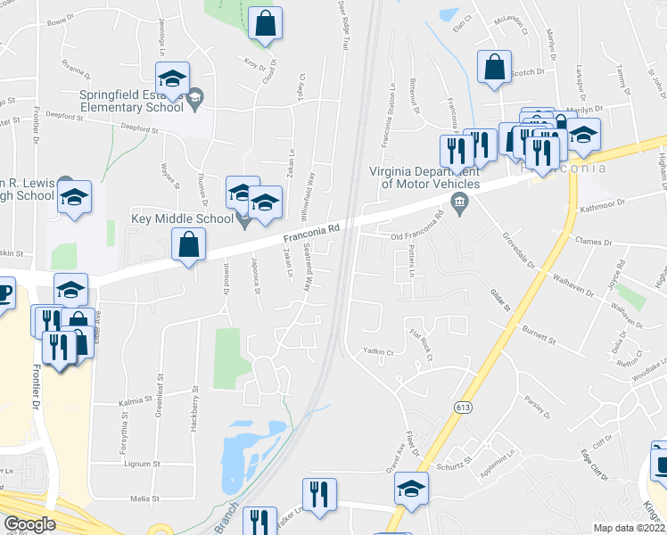 map of restaurants, bars, coffee shops, grocery stores, and more near 6376 Stagg Court in Springfield