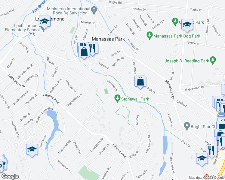 map of restaurants, bars, coffee shops, grocery stores, and more near 353 Moseby Court in Manassas Park