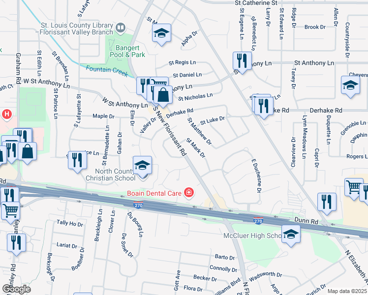 map of restaurants, bars, coffee shops, grocery stores, and more near 1160 South New Florissant Road in Florissant
