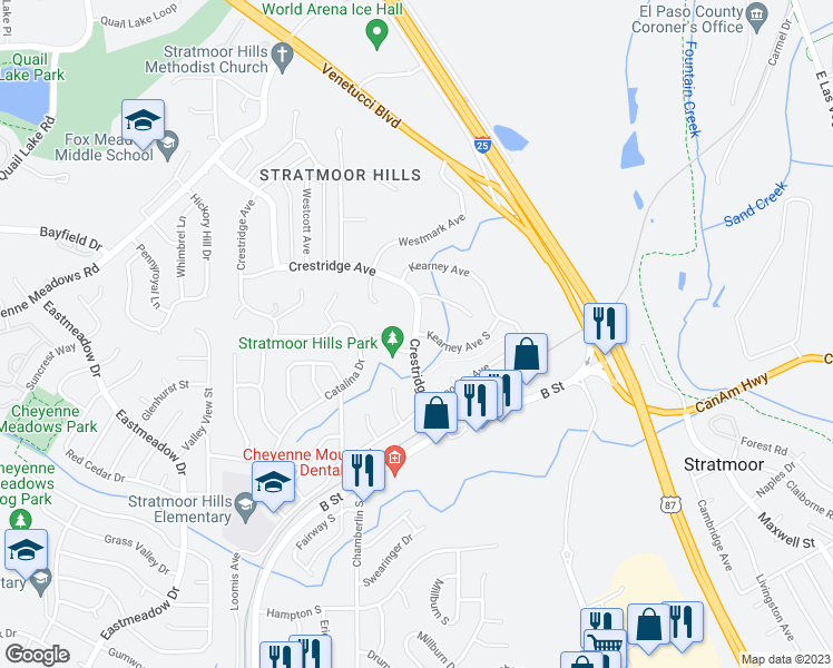 map of restaurants, bars, coffee shops, grocery stores, and more near 402 Kearney Avenue South in Colorado Springs