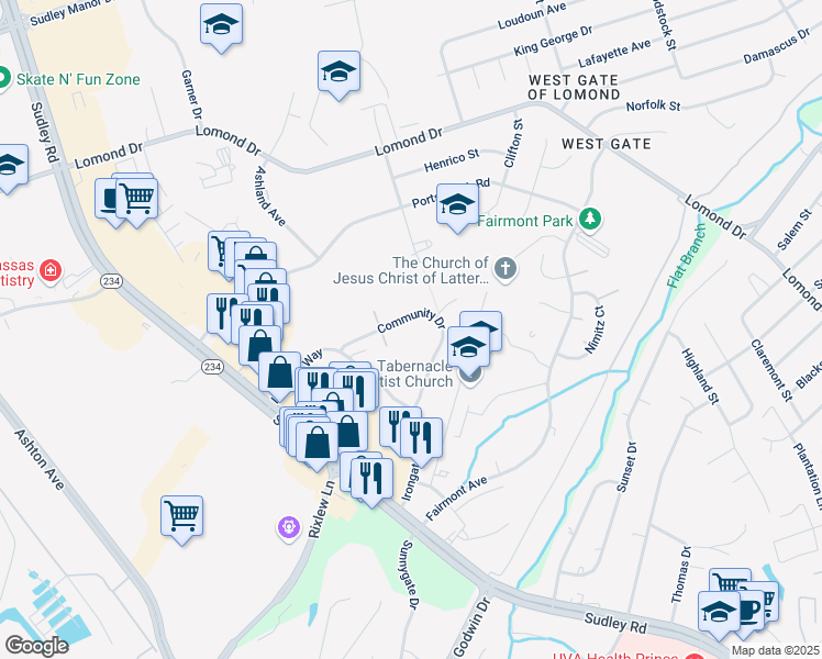 map of restaurants, bars, coffee shops, grocery stores, and more near 7990 Community Drive in Manassas