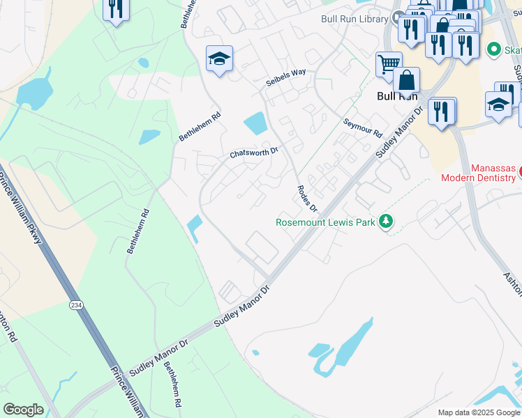 map of restaurants, bars, coffee shops, grocery stores, and more near 8214 Winstead Place in Manassas