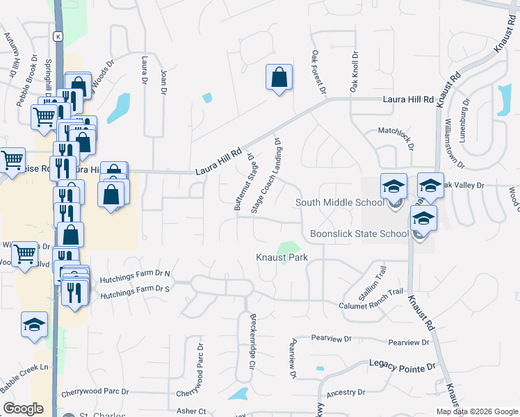 map of restaurants, bars, coffee shops, grocery stores, and more near 331 Santa Fe Trail Drive in St. Peters
