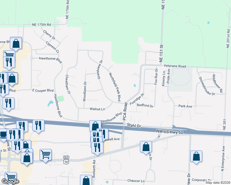 map of restaurants, bars, coffee shops, grocery stores, and more near 1405 Northfield Park Boulevard in Warrensburg