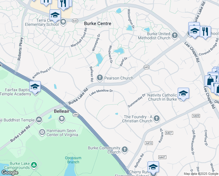 map of restaurants, bars, coffee shops, grocery stores, and more near 6476 Lake Meadow Drive in Burke