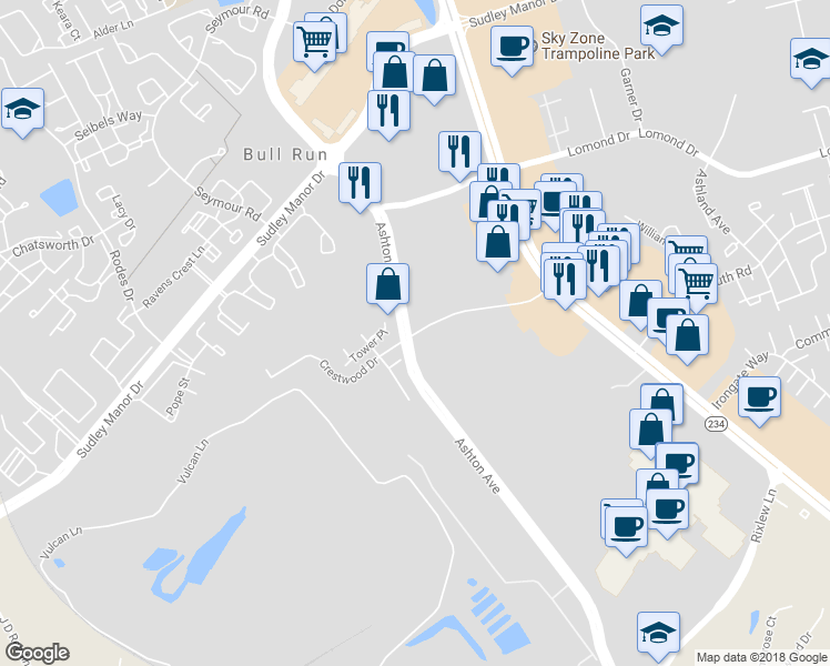 map of restaurants, bars, coffee shops, grocery stores, and more near 10694 Crestwood Drive in Manassas