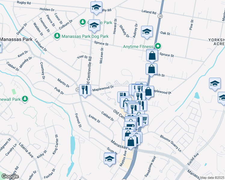 map of restaurants, bars, coffee shops, grocery stores, and more near 8562 Cabot Court in Manassas