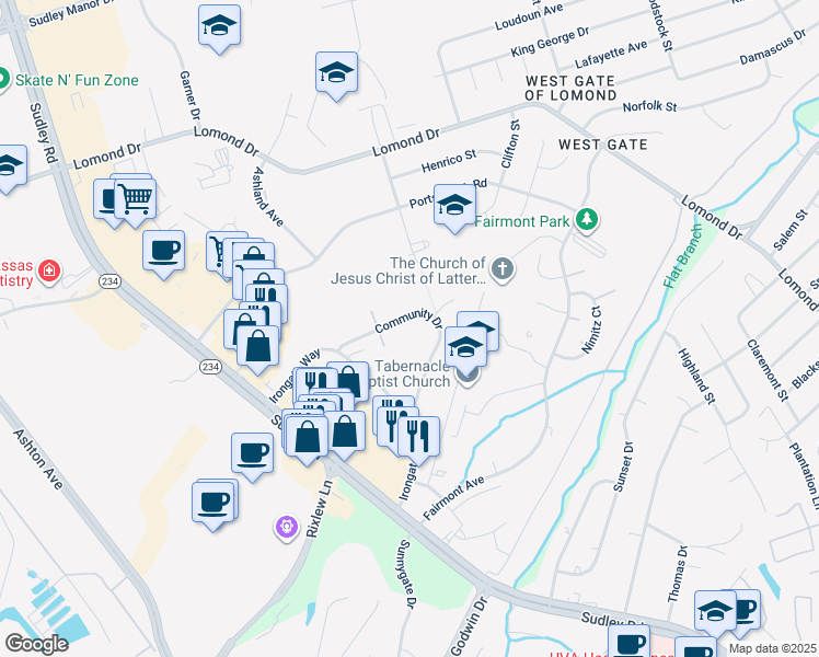map of restaurants, bars, coffee shops, grocery stores, and more near 7990 Community Drive in Manassas