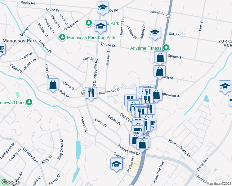 map of restaurants, bars, coffee shops, grocery stores, and more near 8574 Cabot Court in Manassas