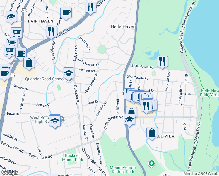 map of restaurants, bars, coffee shops, grocery stores, and more near 2009 Swan Terrace in Alexandria