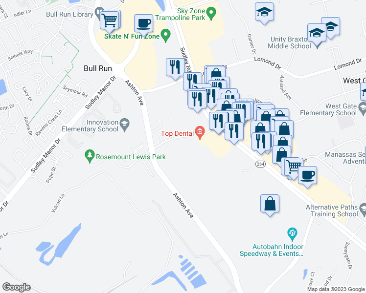 map of restaurants, bars, coffee shops, grocery stores, and more near 10629 Provincial Drive in Manassas