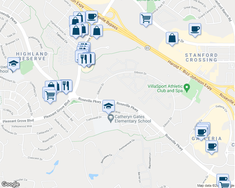 map of restaurants, bars, coffee shops, grocery stores, and more near 1035 Roseville Parkway in Roseville