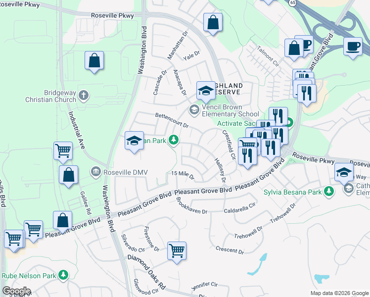 map of restaurants, bars, coffee shops, grocery stores, and more near 17 Sean Court in Roseville
