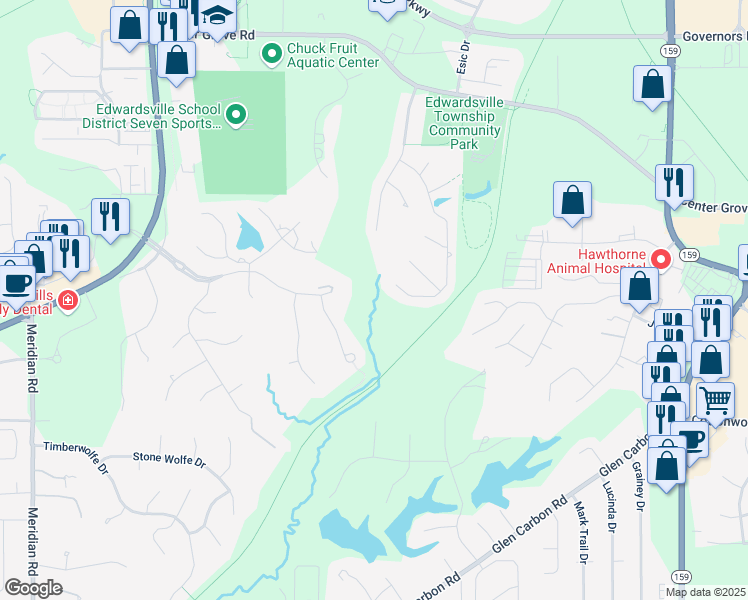 map of restaurants, bars, coffee shops, grocery stores, and more near 515 Valley View Drive in Edwardsville
