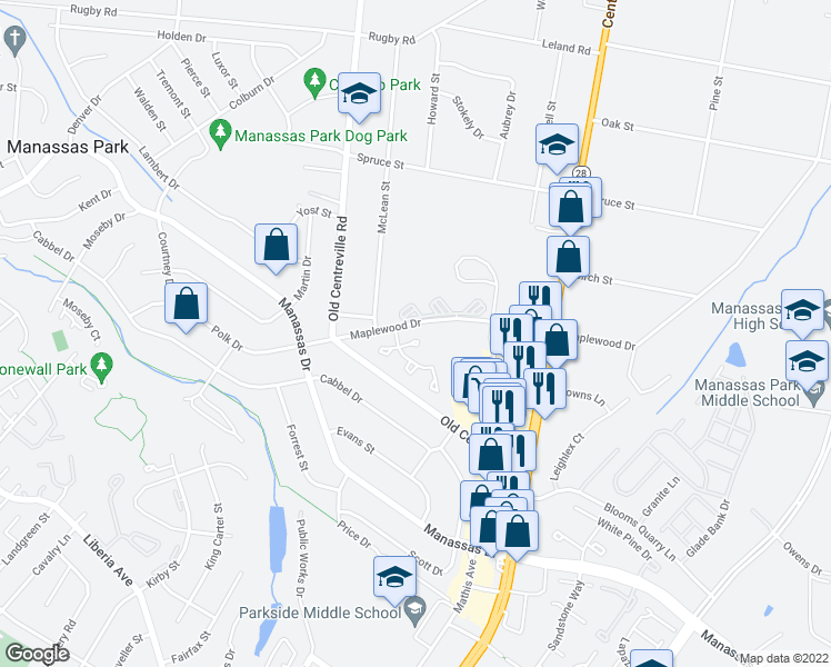 map of restaurants, bars, coffee shops, grocery stores, and more near 8570 Cabot Ct in Manassas