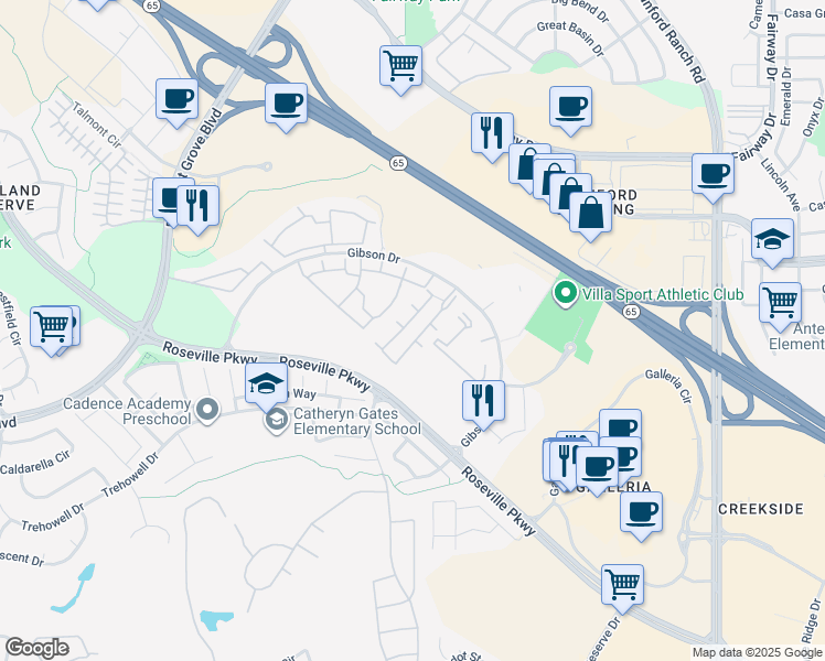 map of restaurants, bars, coffee shops, grocery stores, and more near 501 Gibson Drive in Roseville