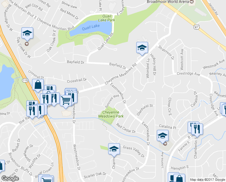 map of restaurants, bars, coffee shops, grocery stores, and more near 3850 Strawberry Field Grove in Colorado Springs