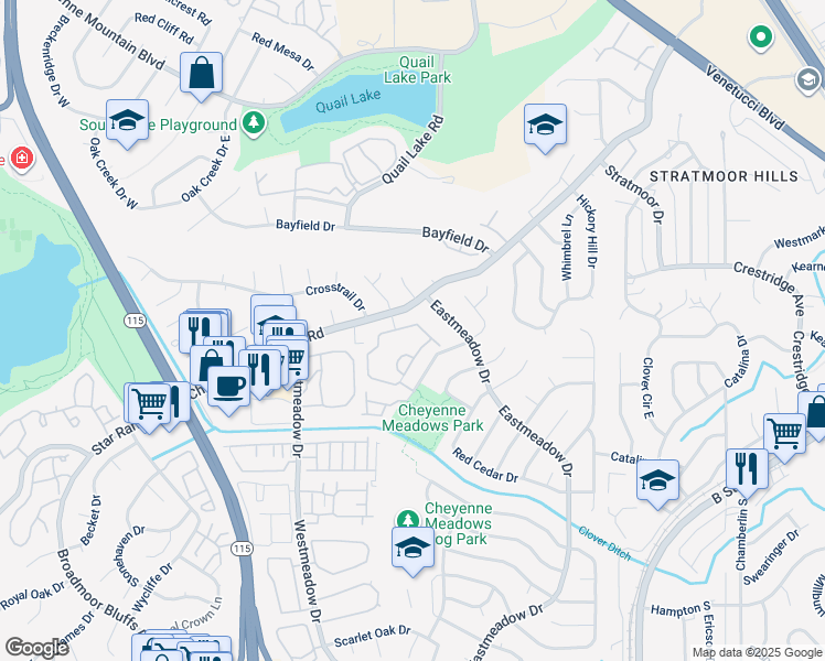 map of restaurants, bars, coffee shops, grocery stores, and more near 3835 Strawberry Field Grove in Colorado Springs