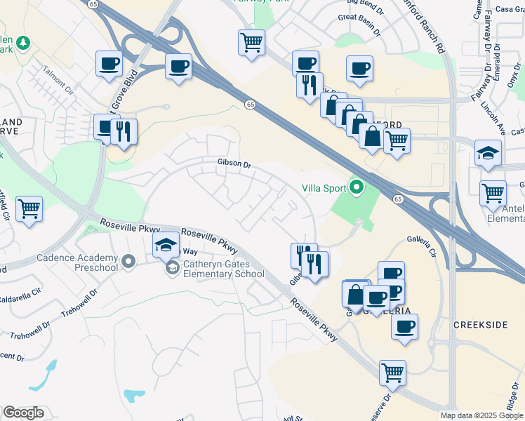 map of restaurants, bars, coffee shops, grocery stores, and more near 501 Gibson Drive in Roseville