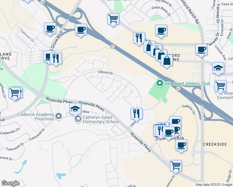map of restaurants, bars, coffee shops, grocery stores, and more near 501 Gibson Drive in Roseville