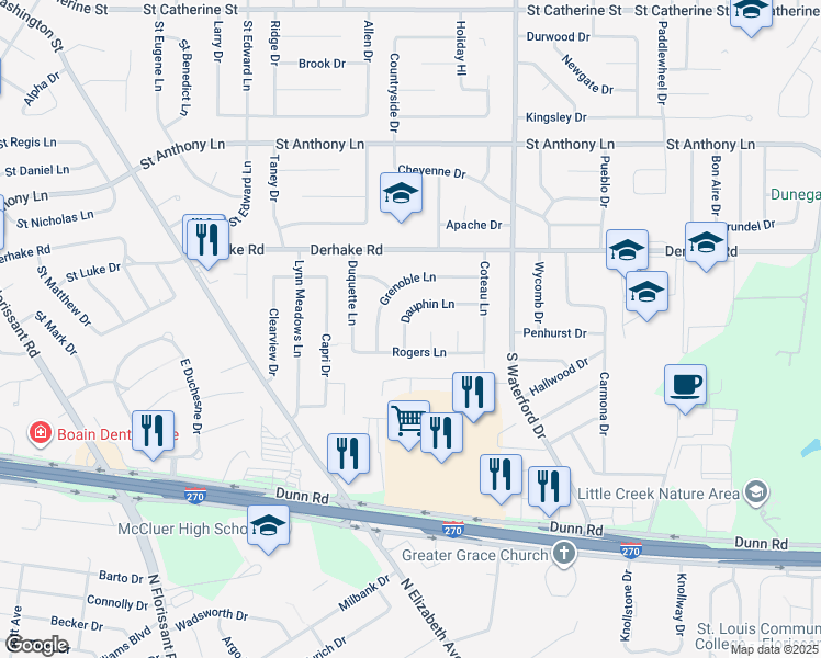 map of restaurants, bars, coffee shops, grocery stores, and more near 115 Dauphin Lane in Florissant