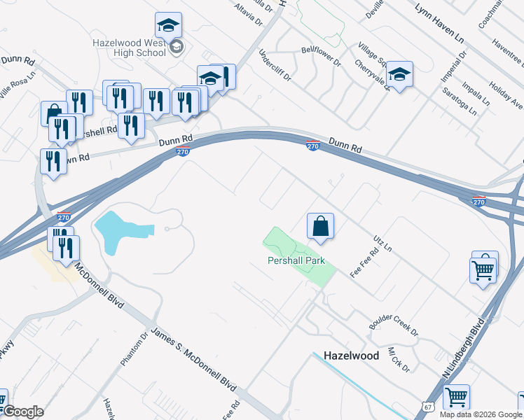 map of restaurants, bars, coffee shops, grocery stores, and more near 50 Dawnridge Drive in Hazelwood