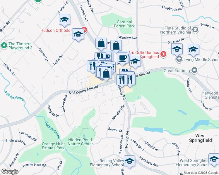 map of restaurants, bars, coffee shops, grocery stores, and more near 8385 Millwood Dr in Springfield