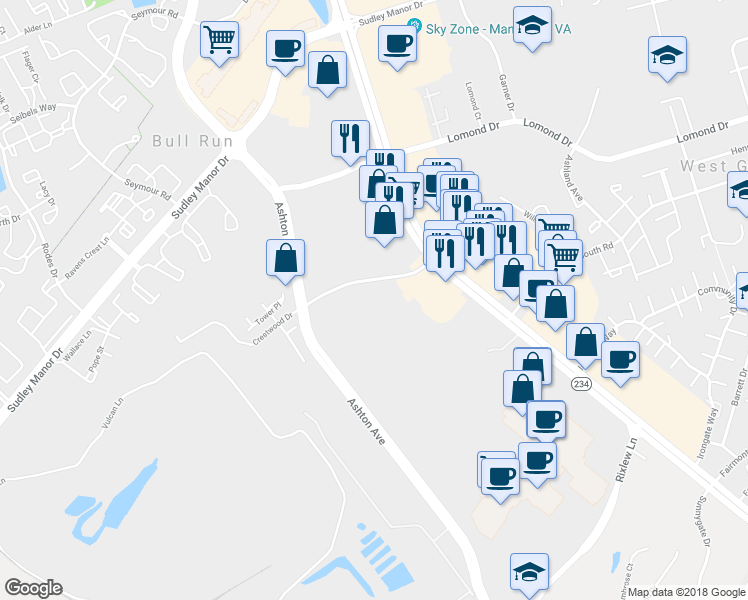 map of restaurants, bars, coffee shops, grocery stores, and more near 10623 Crestwood Dr in Manassas