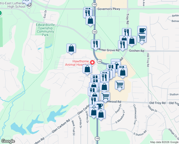 map of restaurants, bars, coffee shops, grocery stores, and more near 119 Bayberry Court in Glen Carbon