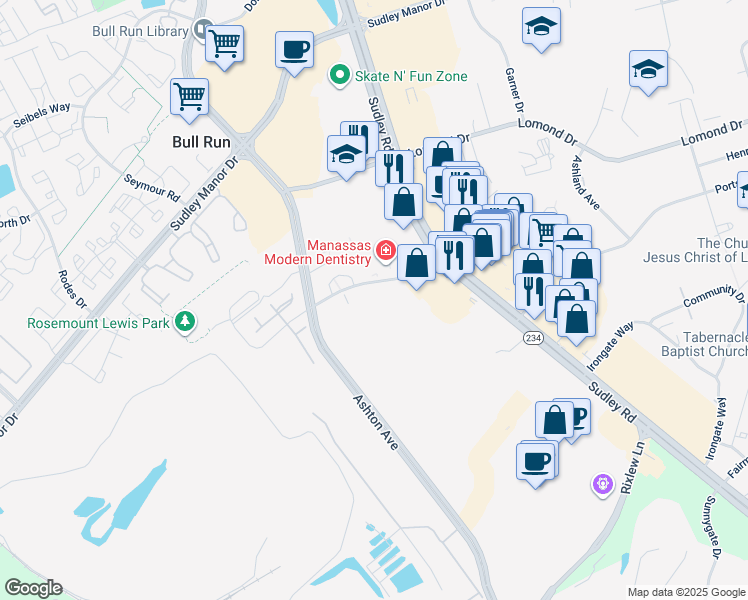 map of restaurants, bars, coffee shops, grocery stores, and more near 10627 Provincial Drive in Manassas