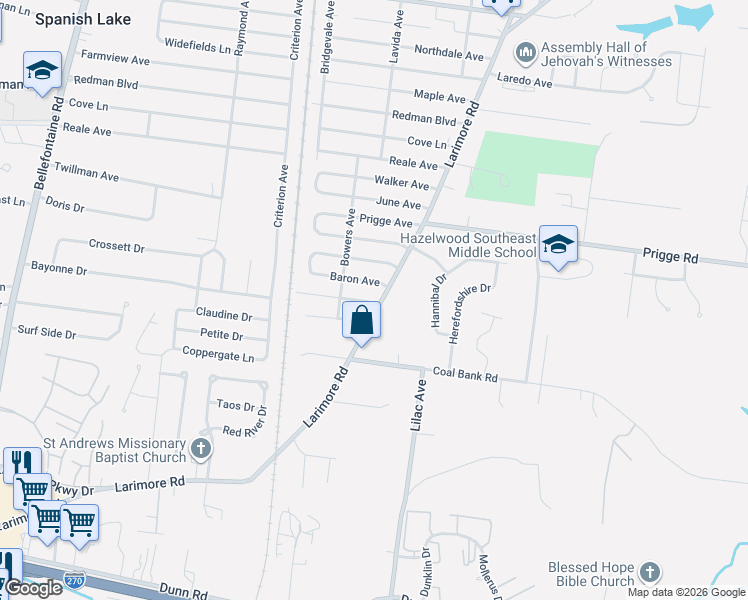 map of restaurants, bars, coffee shops, grocery stores, and more near 1201 Senate Drive in St. Louis