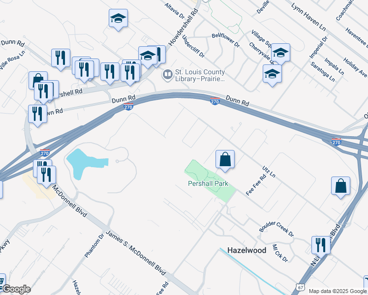 map of restaurants, bars, coffee shops, grocery stores, and more near 50 Dawnridge Drive in Hazelwood