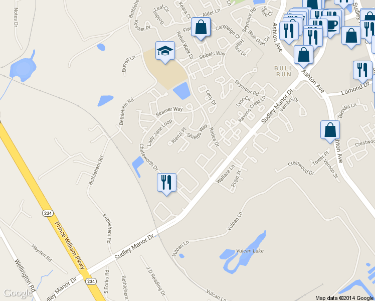 map of restaurants, bars, coffee shops, grocery stores, and more near 8218 Winstead Place in Manassas