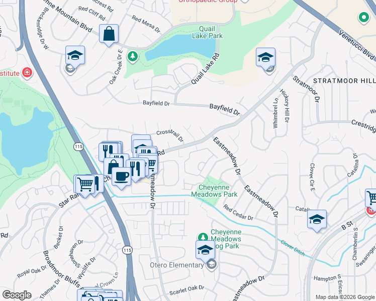 map of restaurants, bars, coffee shops, grocery stores, and more near 3645 Strawberry Field Grove in Colorado Springs