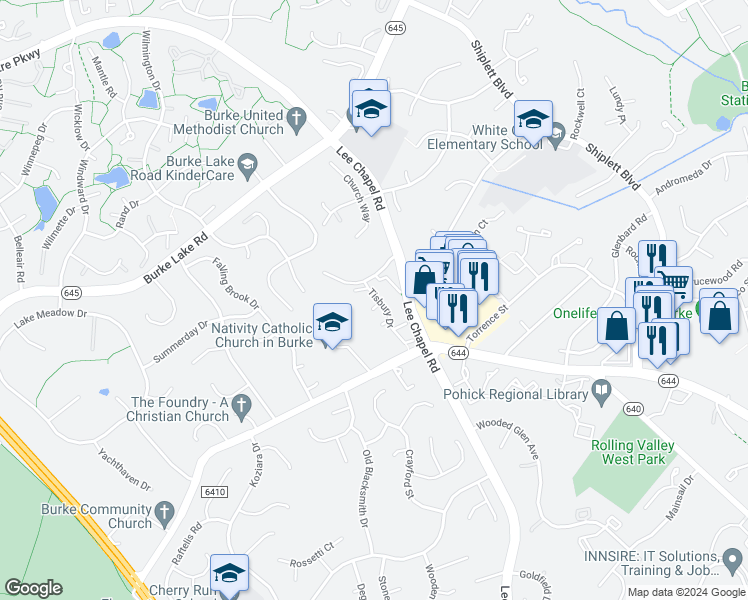 map of restaurants, bars, coffee shops, grocery stores, and more near 9676 Woodhenge Court in Burke