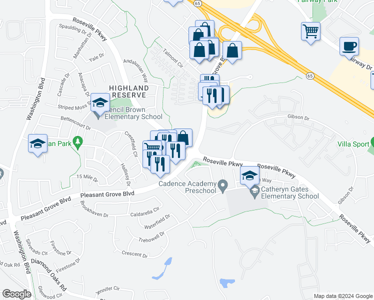 map of restaurants, bars, coffee shops, grocery stores, and more near 117 Roseville Parkway in Roseville