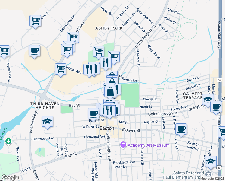 map of restaurants, bars, coffee shops, grocery stores, and more near 218 North Washington Street in Easton