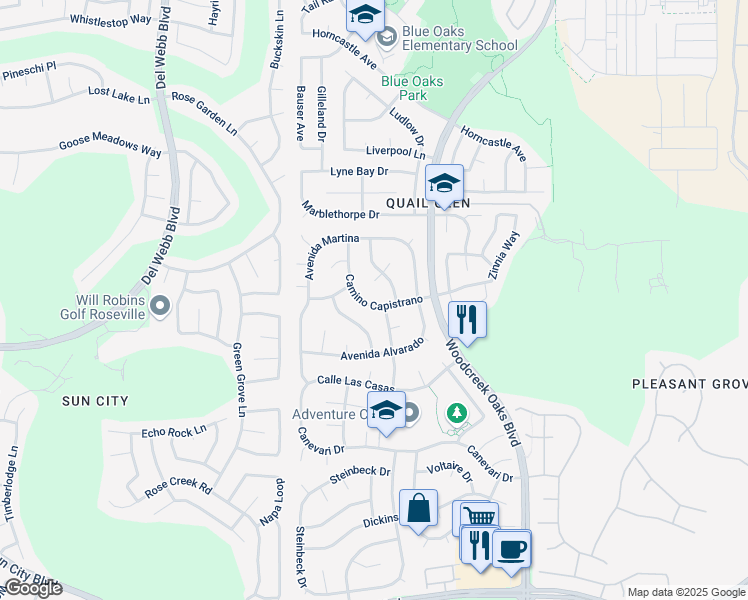 map of restaurants, bars, coffee shops, grocery stores, and more near 1215 Camino Capistrano in Roseville