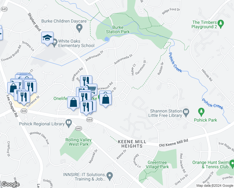map of restaurants, bars, coffee shops, grocery stores, and more near 9164 Broken Oak Place in Burke