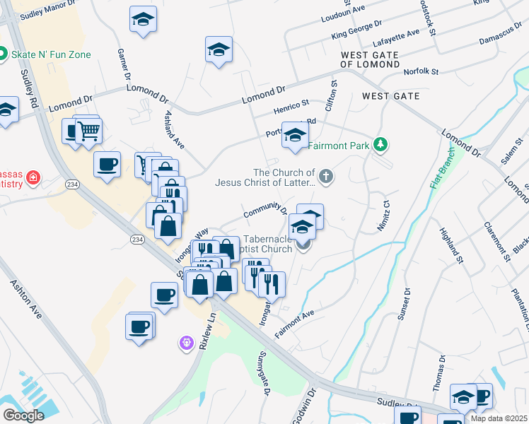 map of restaurants, bars, coffee shops, grocery stores, and more near 7996 Community Drive in Manassas