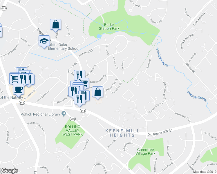 map of restaurants, bars, coffee shops, grocery stores, and more near 9164 Broken Oak Place in Burke