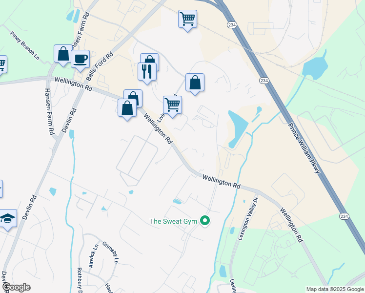map of restaurants, bars, coffee shops, grocery stores, and more near 12060 Cadet Court in Manassas