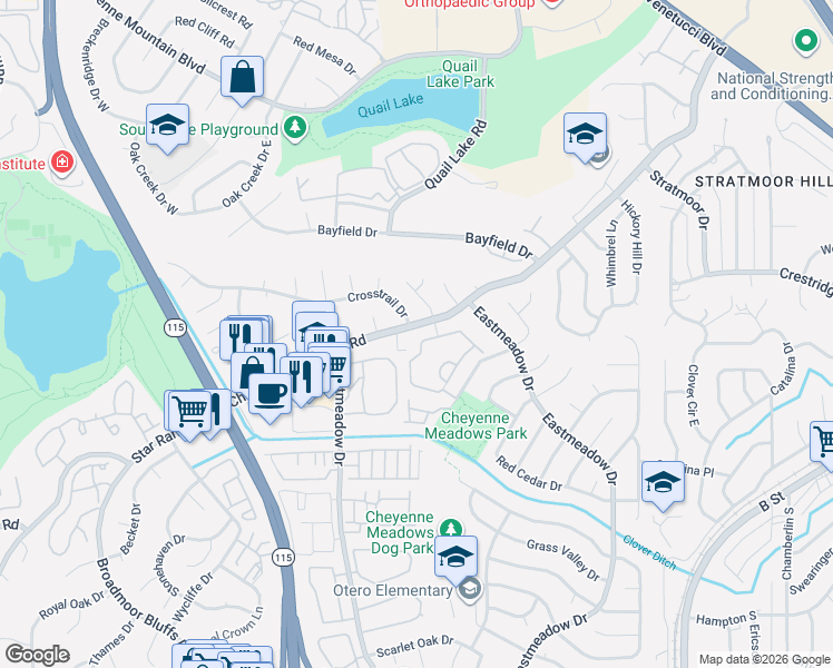 map of restaurants, bars, coffee shops, grocery stores, and more near 3645 Strawberry Field Grove in Colorado Springs