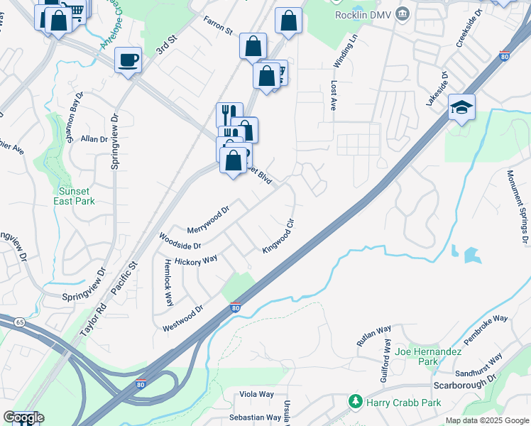 map of restaurants, bars, coffee shops, grocery stores, and more near 3713 Cone Court in Rocklin