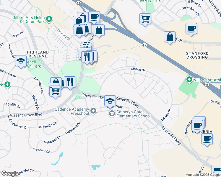 map of restaurants, bars, coffee shops, grocery stores, and more near 1035 Roseville Parkway in Roseville