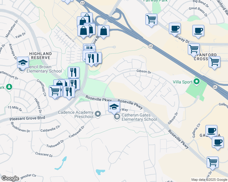 map of restaurants, bars, coffee shops, grocery stores, and more near 51 Silver Poplar Court in Roseville