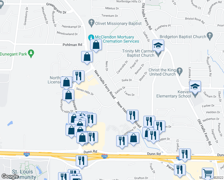 map of restaurants, bars, coffee shops, grocery stores, and more near 11655 New Halls Ferry Road in Florissant