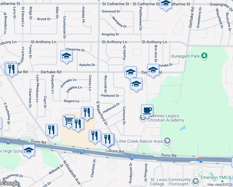 map of restaurants, bars, coffee shops, grocery stores, and more near 1170 Penhurst Drive in Florissant